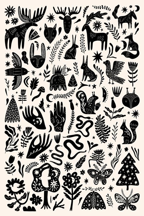 Vintage Folk Aesthetic, Endpapers Illustration, Folklore Animals, Folklore Illustration, Rustic Illustration, Folklore Pattern, Folk Aesthetic, Folk Illustration, Folk Pattern