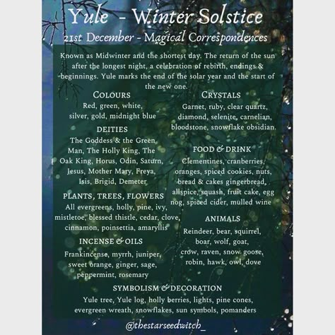 A L I C E on Instagram: “🌟🌲YULE / WINTER SOLSTICE - Magical correspondences🌲🌟 #yule #yuleguide #wintersolstice #21stdecember” Solstice Blessings, Winter Equinox, Magical Correspondences, Pagan Sabbats, Yule Winter Solstice, Yule Traditions, Yule Celebration, Pagan Christmas, Winter Solstice Celebration