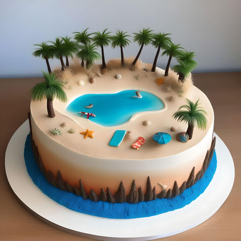 Beach Birthday Cakes For Men, Ocean Beach Cake, Beach Decorated Cake, Beach Scene Sheet Cake, Beach Scene Birthday Cakes, Sea Cake, Sugar Bread, Beach Cake, Fondant Cake Designs