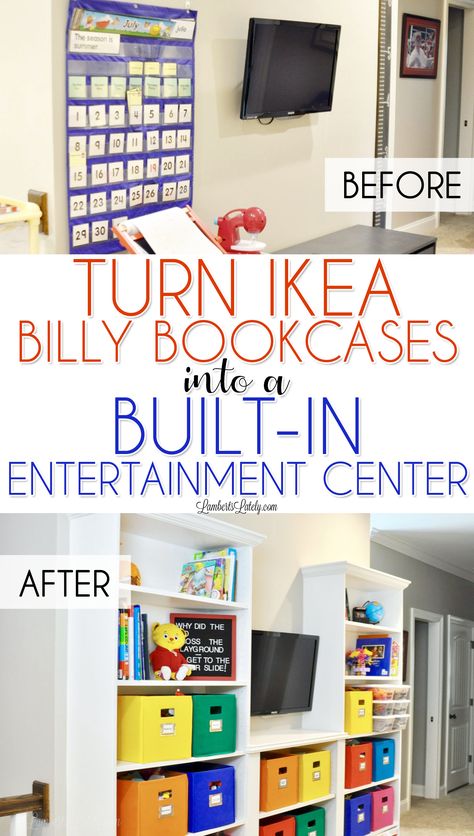 This is such an easy way to turn inexpensive Billy Bookcases from Ikea into an entertainment center with a custom, built-in look! Great for a kids' playroom, bedroom, or office.  Even shows how to give the bookshelves crown moulding and baseboards. Ikea 2015, Billy Bookcases, Ikea Built In, Custom Bookshelves, Billy B, Built In Entertainment Center, Hack Ikea, Kura Bed, Playroom Bedroom