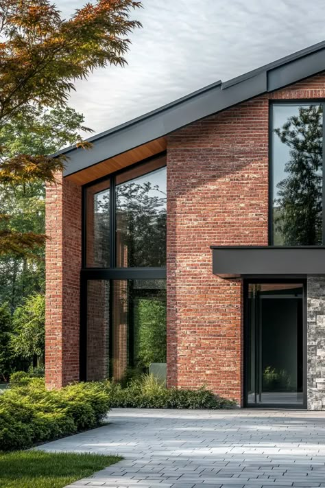 Stunning Modern Home Exterior Design Ideas - Edward George House Exterior Facade Design, Flat Porch Roof, Brick Cladding Exterior House, Brick Cladding Texture, Modern Brick House Exterior Ideas, Modern Brick Facade, French Modern Home Exterior, Brick Facade Design, Exterior Brick Wall