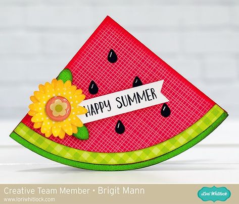 Brigit's Scraps "Where Scraps Become Treasures": Summer Shaped Cards - Lori Whitlock Creative Team Project Summer Cards Ideas, Summer Cards For Kids, Summer Scrapbooking Ideas, Summer Cards Handmade, Watermelon Paper Crafts, Watermelon Cards, Fruit Cards, Watermelon Crafts, Beach Cards