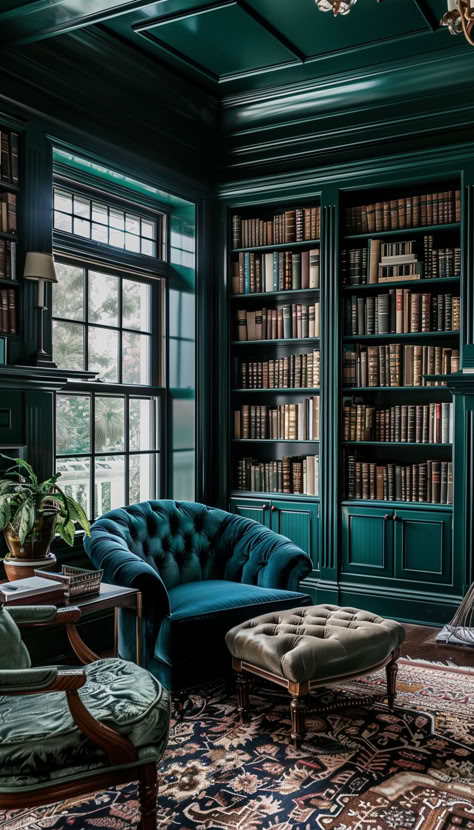 I love the elegant velvet and wood touches in this room. I also love that it's dark and warm but has a large window. Dark Blue Library, Blue Library Room, Navy Library, Victorian Library Study, Cozy Home Library Ideas, Victorian Sitting Room, Dark Academia Living Room, Dark Maximalism, Green Bookshelves