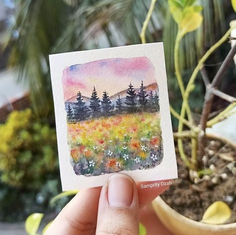 Painting Idea For Beginners, Miniature Watercolor, Watercolor Paintings Easy, Watercolor Art Lessons, Mini Drawings, Beginner Painting, Watercolor Inspiration, Mini Paintings, Watercolor Cards