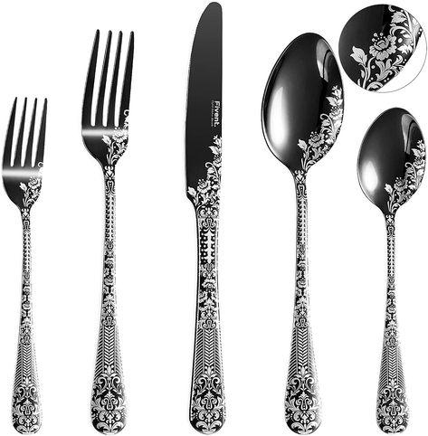 Black Cutlery, Black Flatware, Eating Utensils, Dining Room Table Decor, Damask Rose, Stainless Steel Dishwasher, Floral Damask, Cutlery Sets, Safe Cleaning Products