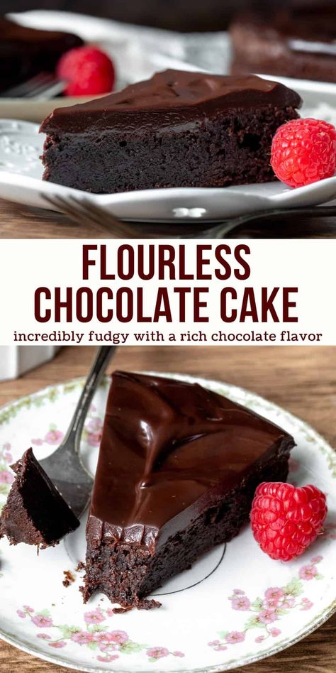 This flourless chocolate cake is rich, dense and fudgy. It's gluten free but requires no specialty ingredients. It's surprisingly easy to make and requires no fancy decorating skills. It has a delicious dark chocolate flavor that's perfect for anyone who loves a decadent chocolate dessert. #chocolatecake #flourlesscake #fudgecake #flourlesschocolatecake #chocolatefudgecake from Just So Tasty Fruit Desserts For Parties, Easy Chocolate Ganache, Desserts For Parties, Flourless Chocolate Cake Recipe, Decadent Chocolate Desserts, Flourless Chocolate Cake, Dessert Party, Rich Chocolate Cake, Flourless Chocolate Cakes