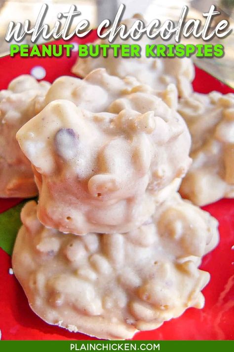 White Chocolate Peanut Butter Krispies - Plain Chicken Peanut Butter Krispies, White Chocolate Bark Recipes, Chocolate Balls Recipe, Chocolate Rice Crispy, White Chocolate Peanut Butter, Peanut Butter White Chocolate, Chocolate Rice Krispies, Holiday Treats Recipes, White Chocolate Bark