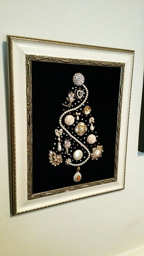 Vintage Jewelry Projects - Shop at Blu Costume Jewelry Crafts, Old Jewelry Crafts, Jeweled Christmas Trees, Vintage Jewelry Ideas, Jewelry Frames, Vintage Jewelry Repurposed, Jeweled Christmas, Jewelry Christmas Tree, Vintage Jewelry Crafts