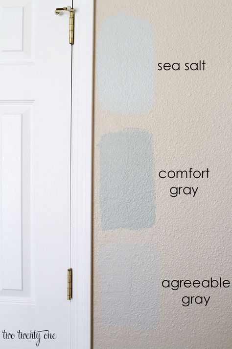 Agreeable Gray And Sea Salt, Sea Salt And Agreeable Gray, Comfort Gray Sherwin Williams Bedroom, Comfort Gray Sherwin Williams, Grey Interior Paint, Sherwin Williams Sea Salt, Paint Sea, Comfort Grey, Interior Paint Colors For Living Room