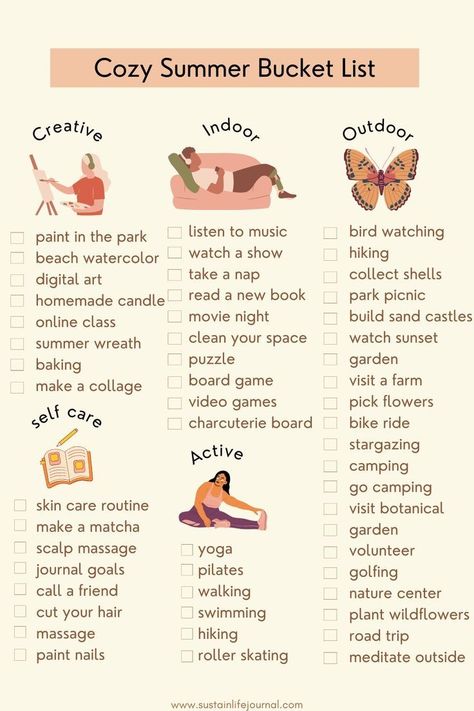 Self Bucket List, How To Have Aesthetic Life, Summer Bucket Lists Ideas, Summer Hobbies Aesthetic, Aesthetic Hobby Ideas, Summer Slow Care, Summer Cozy Aesthetic, Hobbies For Summer, Summer 2024 Must Haves