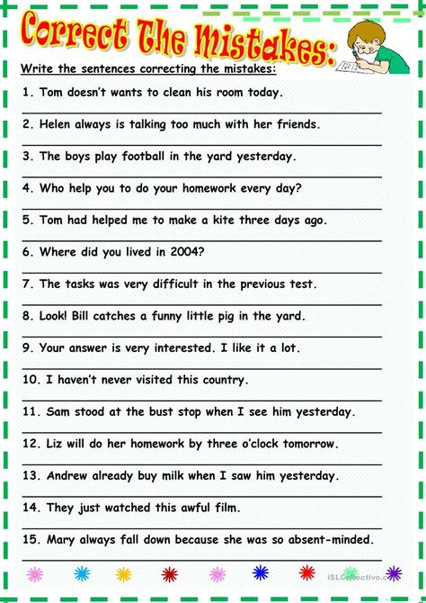 Correct the mistakes worksheet - Free ESL printable worksheets made by teachers Advance English, Picture Comprehension, English Grammar Exercises, Grammar For Kids, English Teaching Materials, Good Grammar, Grammar Exercises, 6 Class, English Exercises