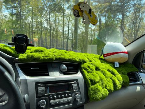 Green grass on dashboard of car Interior Car Themes, Decorated Dashboard Car, Dashboard Car Aesthetic, Forest Car Interior, Plant Car Accessories, Nature Car Interior, Car Decorations Interior Flower Roof, Nature Themed Car Interior, Moss Dashboard Car