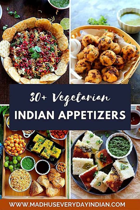 collage of 4 pics of indian appetizers Indian Veggie Appetizers For Party, South Indian Appetizers Vegetarian, Indian Veg Appetizers, Indian Party Finger Food, Healthy Indian Appetizers, Indian Tea Party Snacks, Indian Tea Time Snacks, Indian Finger Food Parties, Diwali Appetizers Indian