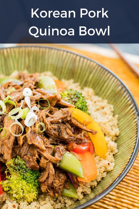 Rice is topped with vegetables like broccoli, bell peppers, and snap peas, and a helping of shredded pork Pork And Quinoa Recipes, Pork Protein Bowl, Pulled Pork Quinoa Bowl, Pork Quinoa Bowl, Healthy Quinoa Bowls, Pork Bowl Recipe, Pork Bowls, Pork And Veggies, Protein Bowl