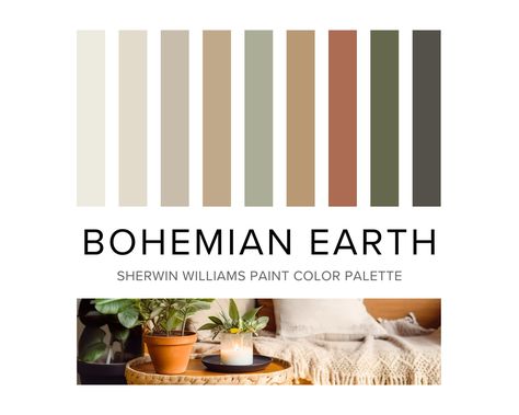 Explore warm, earthy Bohemian colors for your home through this Sherwin Williams paint color palette. Create a captivating nature-inspired color scheme for your earth-tone Boho-style interior by choosing from a curated collection of nine professionally selected coordinating paint colors to elevate your home decor, ensuring your living space exudes style, charm, and an eclectic allure that celebrates individuality. For those desiring a unified whole-house color solution, this home color scheme of Muted Earth Tones Colour Palettes, Earthy Neutral Home Decor, Earth Tone Bedroom Paint Colors, Interior Paint Trends 2024, Boho House Color Palette, Earth Tone Hallway, Boho Colors Living Room, Earthy Office Colors, Burnt Sienna Paint Color