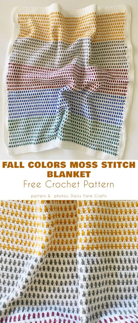 Fall Colors Moss Stitch Blanket Crochet Moss Stitch Square, Linen Stitch Blanket, Moss Stitch Blanket, Crochet Moss, Irish Moss Stitch, Making Blankets, Blankets For Kids, Yarn Color Combinations, Chevron Crochet