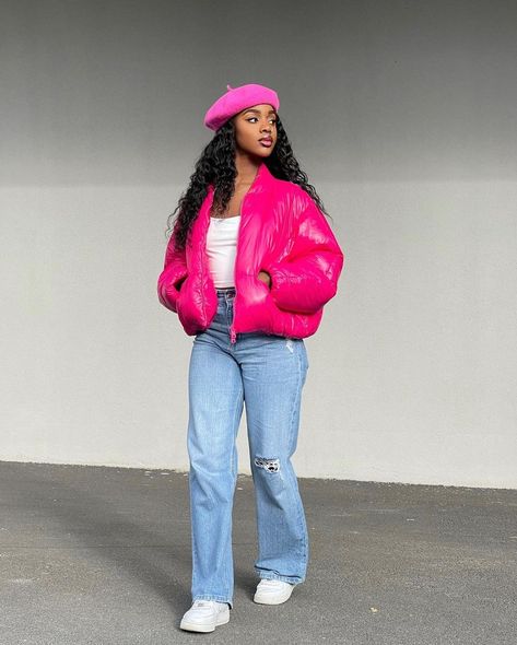 Pink Cropped Puffer Jacket Outfit, Hot Pink Puffer Jacket Outfit, Sleeveless Puffer Jacket Outfit, Pink Puffer Jacket Outfit, Cropped Puffer Jacket Outfit, Puff Jacket Outfit, Pink Tank Tops Outfit, Red Scarf Outfit, Sports Jacket Outfit