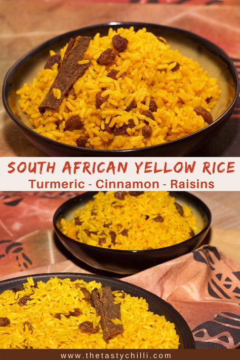 2 images of a bowl with South African yellow rice with a cinnamon stick Sweet Yellow Rice Recipe, South African Vegetable Recipes, Yellow Rice With Raisins, South African Side Dishes, South African Dinner Ideas, South African Rice, Baked Bean Salad, African Yellow Rice, Freid Rice