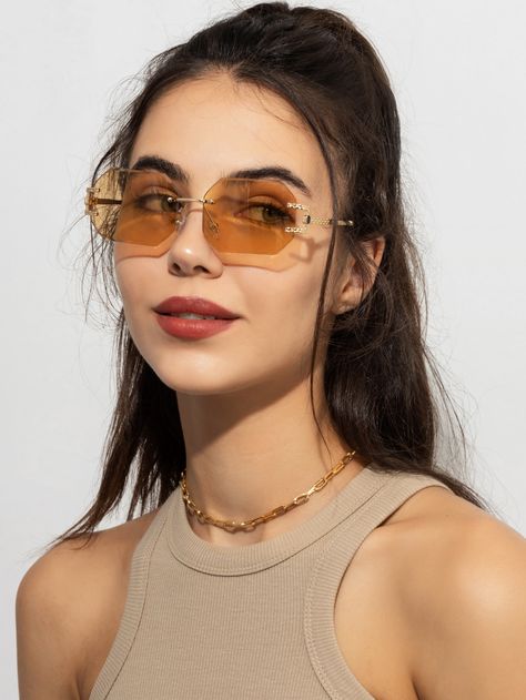 Boho Collar    Rimless Embellished   Women Accessories Retro Sunglasses Women, Celebrity Sunglasses, Street Beat, Yellow Sunglasses, Skull Lover, Metal Sunglasses, Sunglass Lenses, Retro Sunglasses, Glasses Fashion