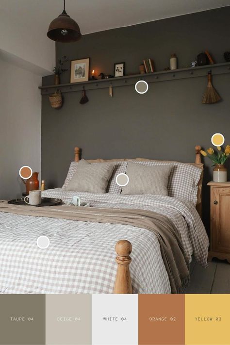 Master Modern Bedroom, Grey Bed Frame Bedroom Ideas, Bedroom Master Modern, New Bedroom Ideas, Guest Bedroom Colors, Gingham Bedding, Green Bedroom Walls, Farmhouse Guest Bedroom, Earthy Neutrals