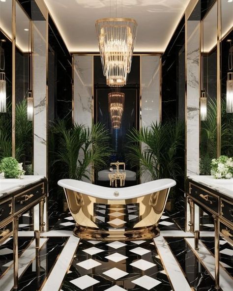 Black White And Gold Bathroom Modern, Luxury Powder Room Design, Luxury Powder Room, Husband Ideas, Glamorous Bathroom, Burr Oak, Black And Gold Bathroom, Gold Bath, Bathtub Decor