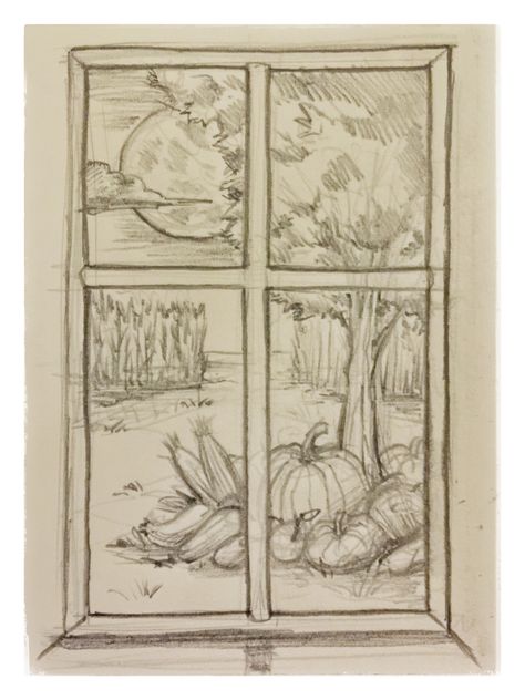 View Through Window Drawing, View Outside Window Drawing, Fall Sketching Ideas, Fall Drawings Sketches, Window In Sketchbook, Drawing Of Outside, Drawing Ideas Fall Aesthetic, Autumn Pencil Sketch, View Out Of Window Drawing