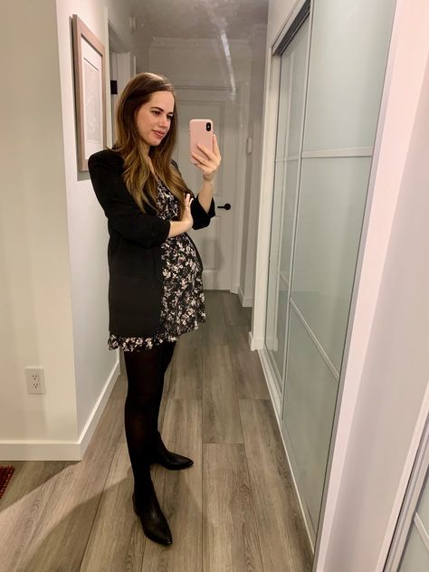 Mini Dress With Blazer, Blazer Business Casual, Dress With Blazer, 2021 Outfits, Marc Fisher Boots, Pregnancy Outfit, Maternity Work Clothes, Maternity Tights, Flight Attendant Fashion