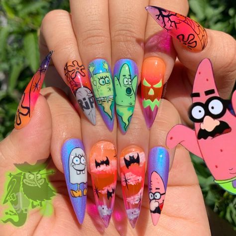 90s Halloween Nails, Scooby Doo Nails Halloween, Cartoon Halloween Nail Art, Halloween Nail Art Acrylic, Halloween Characters Nails, Nails With Cartoon Characters, Halloween Spongebob Nails, Scooby Doo Halloween Nails, Halloween Nails Characters