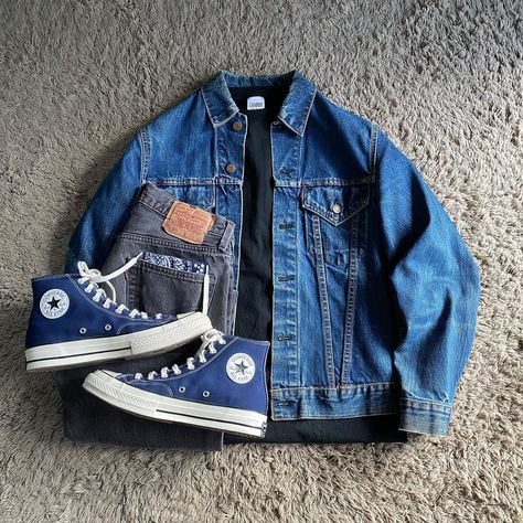 Blue Converse Outfit Men, Maong Jacket Outfit, Blue Jean Jacket Outfits Men, Blue Sneakers Outfit Men, Blue Converse Outfit, Blue Jean Jacket Outfits, Jean Jacket Outfits Men, Aesthetic Guy Outfits, Korean Street Fashion Men