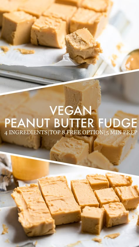 collage of vegan peanut butter fudge. Vegan Peanut Butter Fudge, Eoe Recipes, Vegan Fudge Recipes, Microwave Peanut Butter Fudge, Dairy Free Fudge, Butter Fudge Recipe, Vegan Candy, Easy Fudge, Vegan Fudge