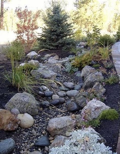 Dry Riverbed Landscaping, River Rock Garden, River Rock Landscaping, Backyard Gardening, Creek Bed, Meteor Garden 2018, Magic Garden, River Rocks, Rock Garden Landscaping