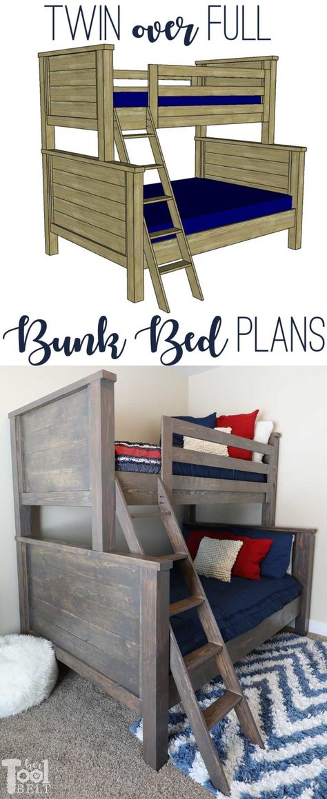 Farmhouse Style Twin over Full Bunk Bed Plans - Her Tool Belt Twin Over Twin Bunk Bed Plans, Twin Over Full Bunk Bed Diy, Bunk Bed Plan, Bunk Beds For Boys Room, Bunk Beds Boys, Bunk Bed Plans, Farmhouse Bed, Diy Bunk Bed, Twin Over Full Bunk Bed