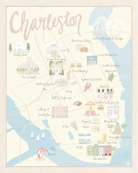 ** PLEASE NOTE 12/9 IS THE LAST DAY TO ORDER 16X20 PRINTS FOR CHRISTMAS DELIVERY** An illustrated map of one of my favorite cities. I had so much fun deciding which places to include in this map! There really are so many great restaurants and historical landmarks in Charleston, it was hard to narrow it down! Includes Poogan's Porch, the Pineapple Fountain, Rainbow Row, Husk, the Citadel, Leon's, Stars, Hank's, Sugar Bakeshop, and more! Makes a great wedding welcome basket addition, bachelorette Charleston Map, Charleston Trip, South Carolina Art, Charleston Bachelorette, College Of Charleston, Charleston Travel, Rainbow Row, The Citadel, Grand Daughter