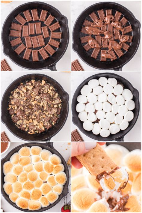 how to make smores dip S’mores Skillet Dip, Camping Desert Ideas, Premade Smores, Cabin Trip Food, Simple Camping Food, Cabin Snacks, Camping Dessert Ideas, Skillet Smores, Chocolate Marshmallow Recipe