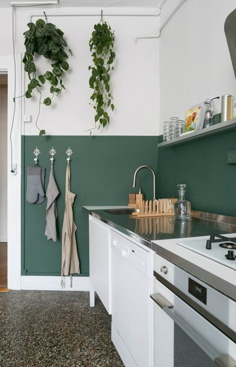 Half-Painted Walls That Are All-the-Way Gorgeous | Apartment Therapy Main | Bloglovin’ Half Painted Walls, Gorgeous Apartment, Modern Apartment Decor, Green Apartment, Green Walls, 아파트 인테리어, Kitchen Paint, Trendy Kitchen, Green Kitchen