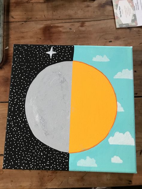 Half is the bright sun the other half is the moon Half And Half Paintings, Sun And Moon Canvas Painting, Sun And Moon Canvas, Moon Canvas Painting, Moon And Sun Painting, Moon Half, Half Sun, Moon Canvas, Sun Painting