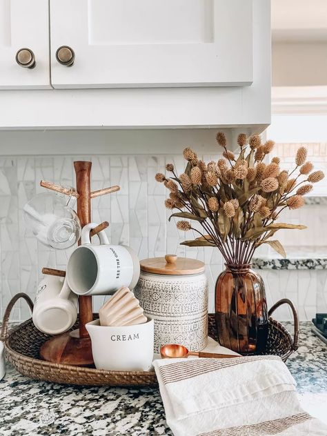 Rattan Kitchen Decor, Coffee Bar With Tiered Tray, Coffee Station Tray, Coffee Tray Station Counter Space, Coffee Bar Tray Ideas, Tea Tray Ideas, Coffee Set Up On Kitchen Counter, Bathroom Tray Styling, Kitchen Table Tray