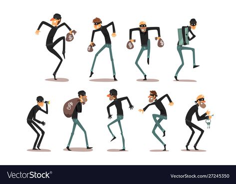 Thief Pose Reference, Thief Pose, Robber Illustration, Robber Drawing, Robber Cartoon, Thief Character Design, Thief Illustration, Refrence Pose, School Reference