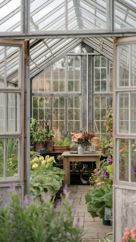 greenhouse made with recycled windows. lots of plants inside greenhouse Greenhouse Made Of Old Doors, Greenhouse In Home, Greenhouse Made From Windows, Used Window Greenhouse, Vintage Window Greenhouse, Glass Greenhouse Attached To House, Greenhouse From Old Windows Diy, Diy Greenhouse With Old Windows, Makeshift Greenhouse