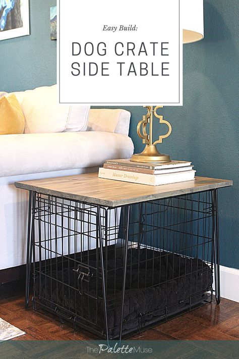 Dog Bed Under Table, How To Make A Dog Crate Table, Table Over Dog Crate Diy, Dog Crate Coffee Table Diy, How To Build A Dog Crate, Dog Crate In Living Room Ideas, Dog Crate Side Table Diy, Side Table Dog Bed, Dog Crate Accessories