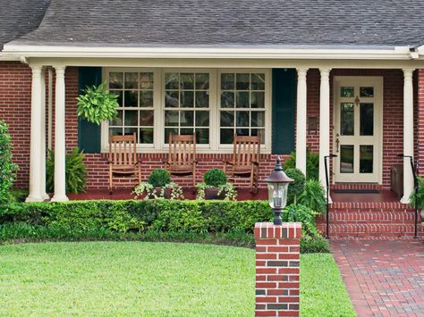 Red Brick Ranch, Eugenia Topiary, Brick Options, Porch Update, Reno House, Brick Ranch Houses, Red Brick House Exterior, Curb Appeal Ideas, Painted Porch