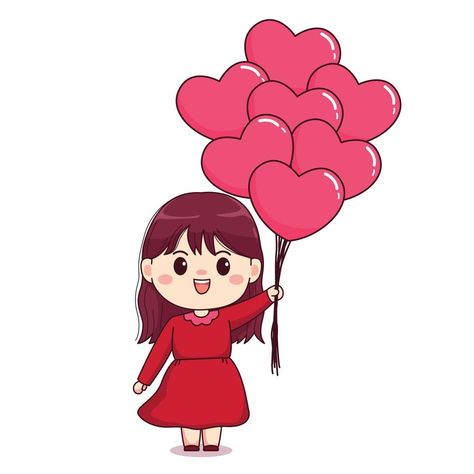 Valentine day girl with red dress and baloons cute kawaii chibi character design Chibi Character Design, Dress Clipart, Beautiful Cake Designs, Valentines Day Clipart, Girl Red Dress, Chibi Characters, Kawaii Chibi, Cute Plush, Cute Kawaii