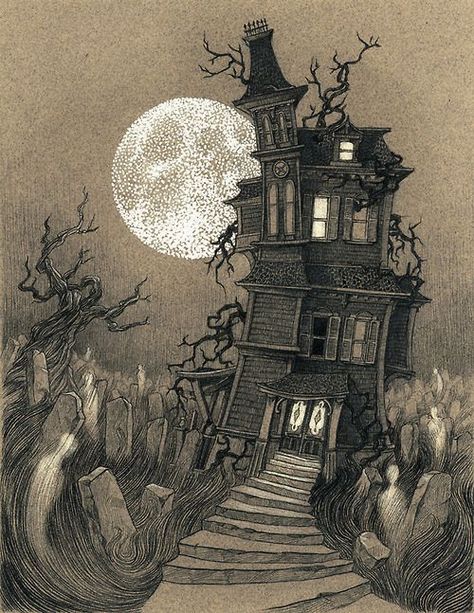 Crooked Haunted House Drawing Lenka Simeckova, Haunted House Tattoo, Photo Halloween, Casa Halloween, Posca Art, Spooky House, White Drawing, Home Tattoo, Halloween Illustration