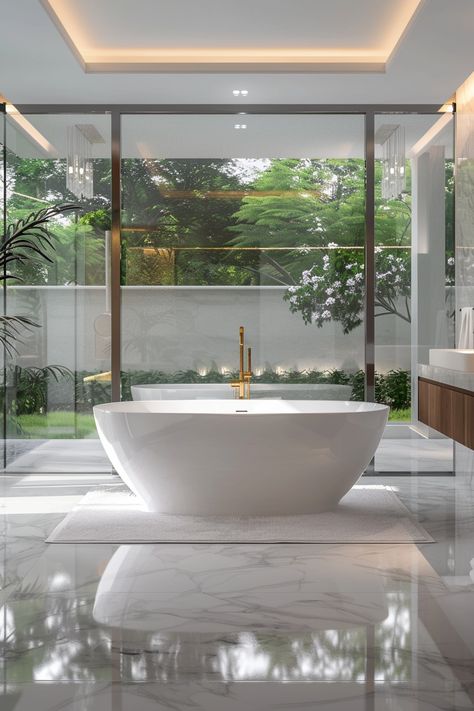 Escape to Luxury: Tour a Stunning Bathroom Oasis with Breathtaking Views Serenity Room, Glass Bathtub, Zen Bathroom Design, House Styling, Zen Bathroom, Bachelorette Pad, Marble Floors, Bathroom Oasis, Tiles Bathroom