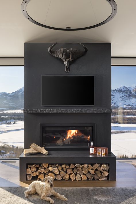 Modern Fireplace With Wood Storage, Granite Mantle Fireplace, Black Fireplace With Hearth, Fireplace Hearth With Storage, Fireplace With Wood Storage Underneath, Stone Fireplace With Wood Storage, Granite Hearth Fireplace, Wood Burning Insert Fireplace, Wood Burning Fireplace Surround