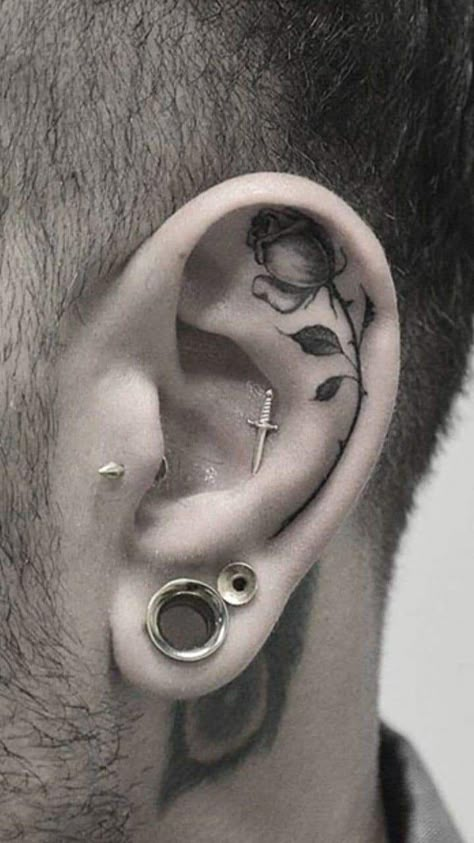 Behind The Ear Sister Tattoo Ideas, Ear Tattoo Design For Men, Gothic Ear Tattoo, Ear Tats Tattoo, Inside Ear Tattoos Men, Skull Ear Tattoo, Men’s Ear Tattoo, Mens Ear Tattoo, Tattoo Inside Ear