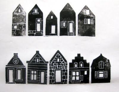 Lino Cuts, Lino Prints, Hand Carved Stamps, Stamp Carving, Lino Cut, Linocut Art, Relief Print, Small Houses, Square Plates