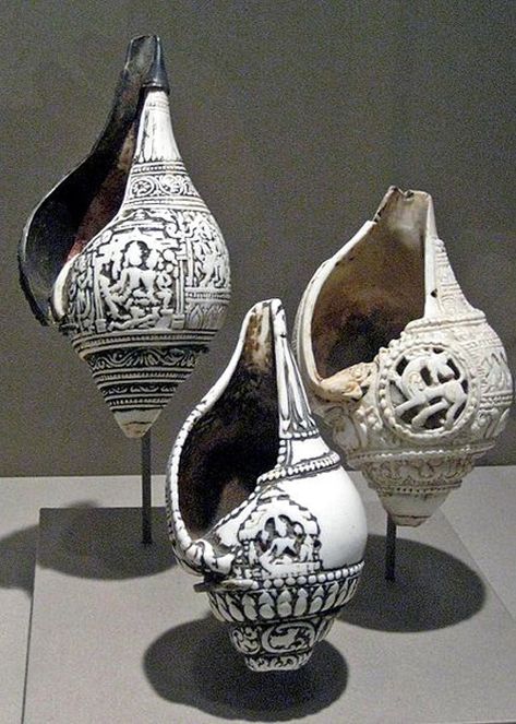 Carved shankhas (conch shells) from the Pala period. (Claire H./CC BY SA 2.0) Shankha Design, Carved Seashells, Ceramic Instruments, Indian Instruments, Indian Musical Instruments, Art Coquillage, Indian Music, Musical Art, Carved Shell