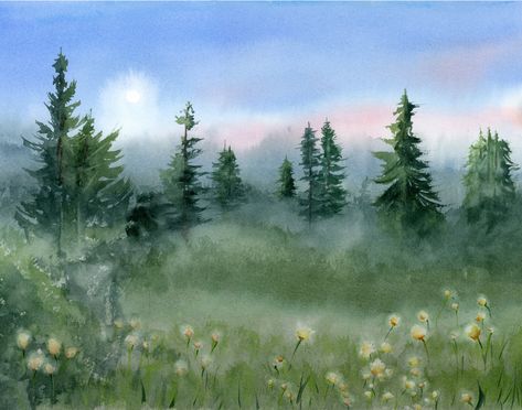 Painting Foggy Forest, Evergreen Trees Landscaping, Pine Tree Landscape, Forest Watercolor Painting, Interior Images, Forest Watercolor, Pine Trees Forest, Trees Landscape, Stunning Nature