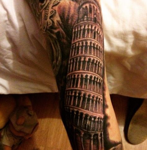 Leaning Tower Of Pisa Tattoo, Pisa Tattoo, Italian Tattoos, Pisa Tower, Italian Theme, Tower Of Pisa, Mens Sleeve, Tattoo Sleeve, Leaning Tower